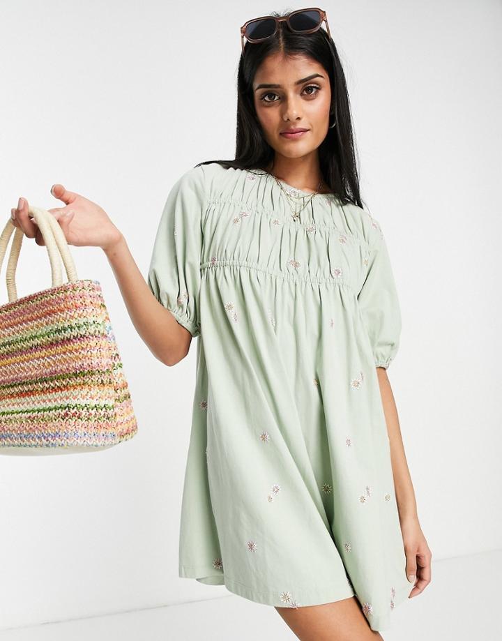Asos Design Tiered Mini Smock Dress In Sage With Pink Floral Embroidery-green