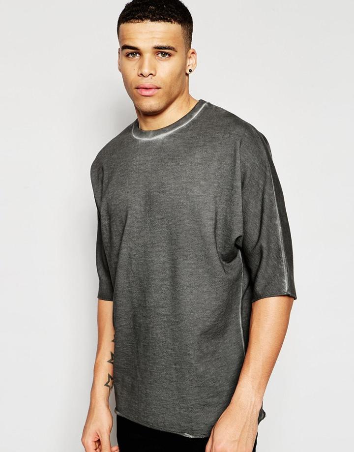 Asos Longline Oversized Sweatshirt With Kimono Sleeves In Oil Wash - Gray