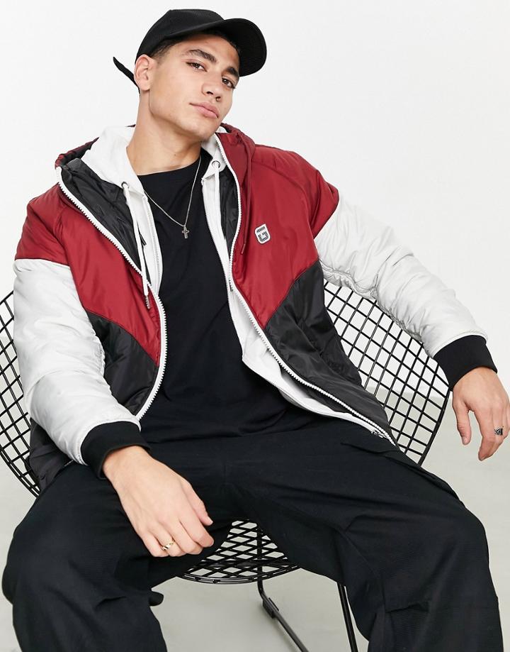 Guess Hooded Reversible Waterproof Jacket In Black/burgundy With Logo-multi