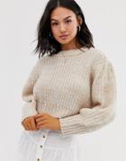 Asos Design Chunky Cropped Sweater With Puff Sleeve - Beige