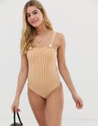 Rhythm Gingham Button Detail Cheeky Bottom Swimsuit In Ginger Multi - Orange