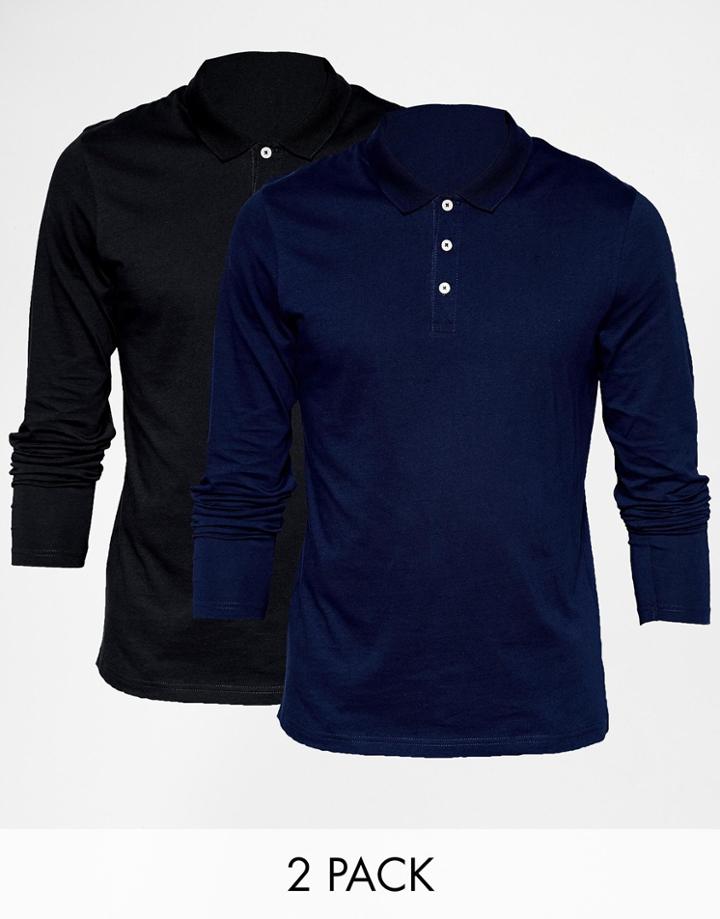 Asos Long Sleeve Jersey Polo Black/navy 2 Pack Save 18%