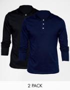Asos Long Sleeve Jersey Polo Black/navy 2 Pack Save 18%
