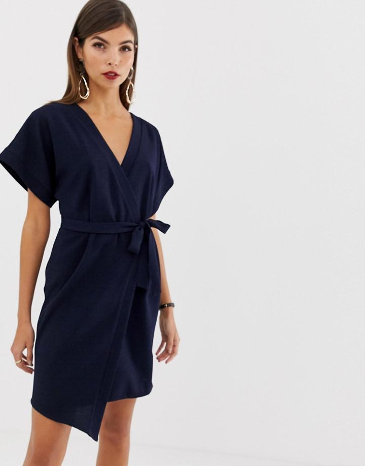 Asos Design Wrap Mini Dress-navy