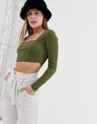 New Look Square Neck Crop Top In Khaki - Green