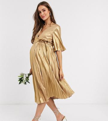 Tfnc Maternity Wrap Front Pleated Midi Dress In Gold