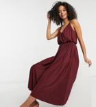 Asos Design Tall Cami Plunge Midi Dress With Blouson Top In Oxblood-red