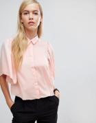 Asos Design Cropped Blouse With Flutter Sleeve-pink