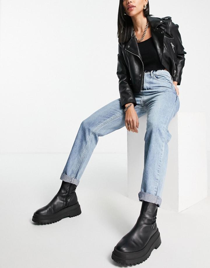 Rebellious Fashion Mom Fit Roll Hem Denim Jeans In Blue
