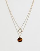 Miss Selfridge Doube Layered Circle Pendant Necklace In Gold And Tortoiseshell