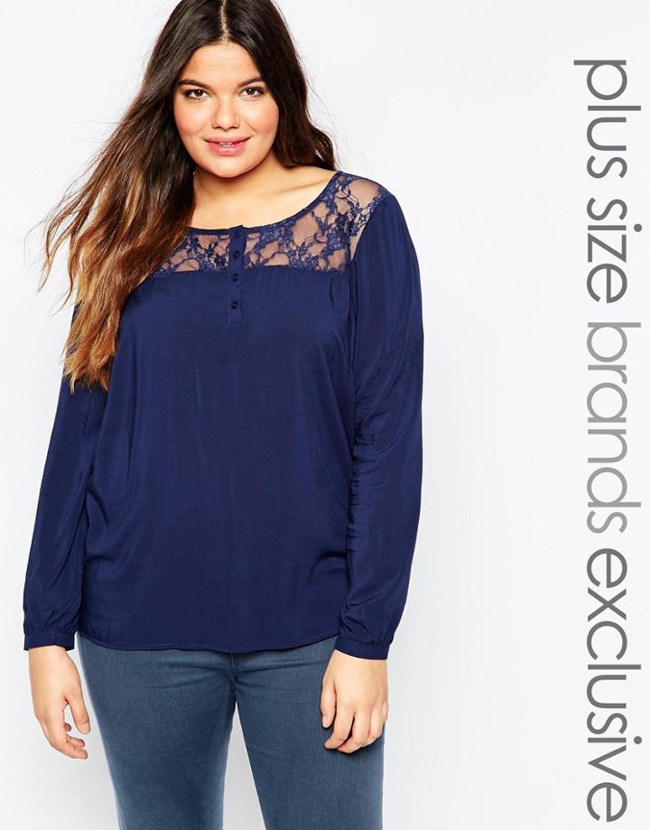 Junarose Long Sleeve Blouse With Lace Yoke - Navy