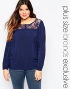 Junarose Long Sleeve Blouse With Lace Yoke - Navy