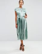 Asos Lace Top Satin Pleated Midi Dress - Green