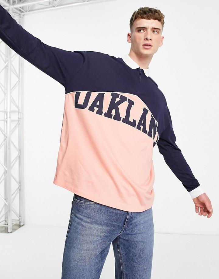 Asos Design Oversized Rugby Polo Shirt In Navy Color Block With Oakland City Print-multi