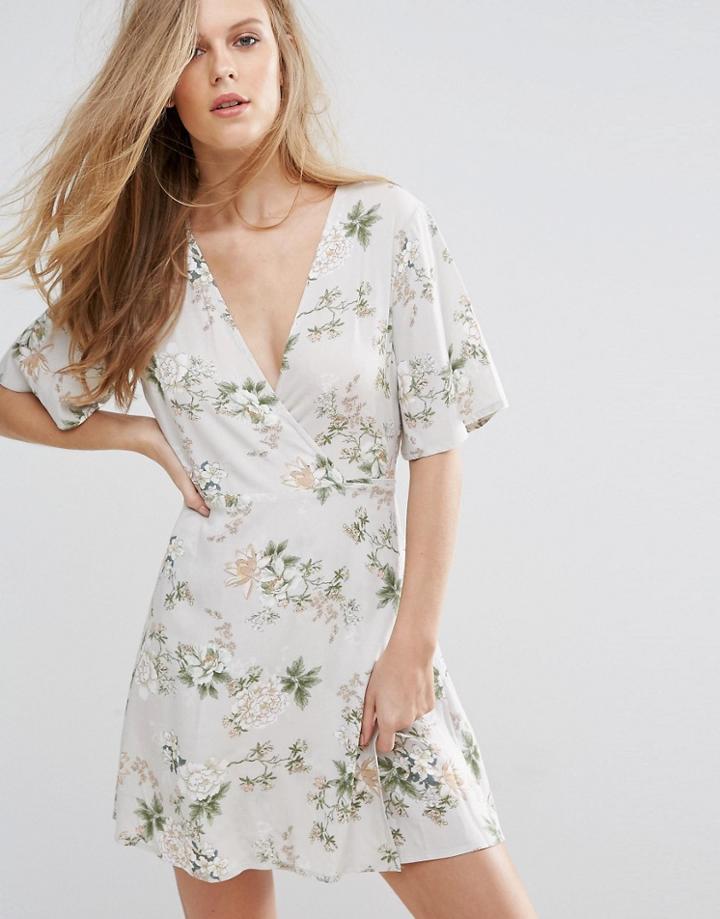 Pull & Bear Wrap Front Floral Tea Dress - Stone