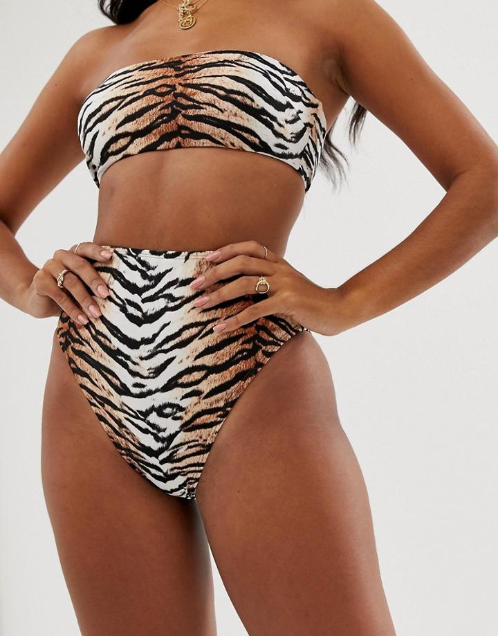 Asos Design Mix And Match High Leg High Waist Bikini Bottom In Natural Tiger Print - Multi