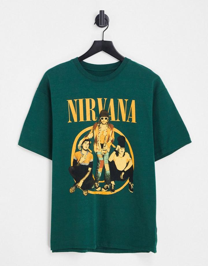 Pull & Bear X Nirvana Relaxed T-shirt In Bottle Green