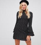 Parisian Tall High Neck Polka Dot Shift Dress With Flare Sleeves - Black