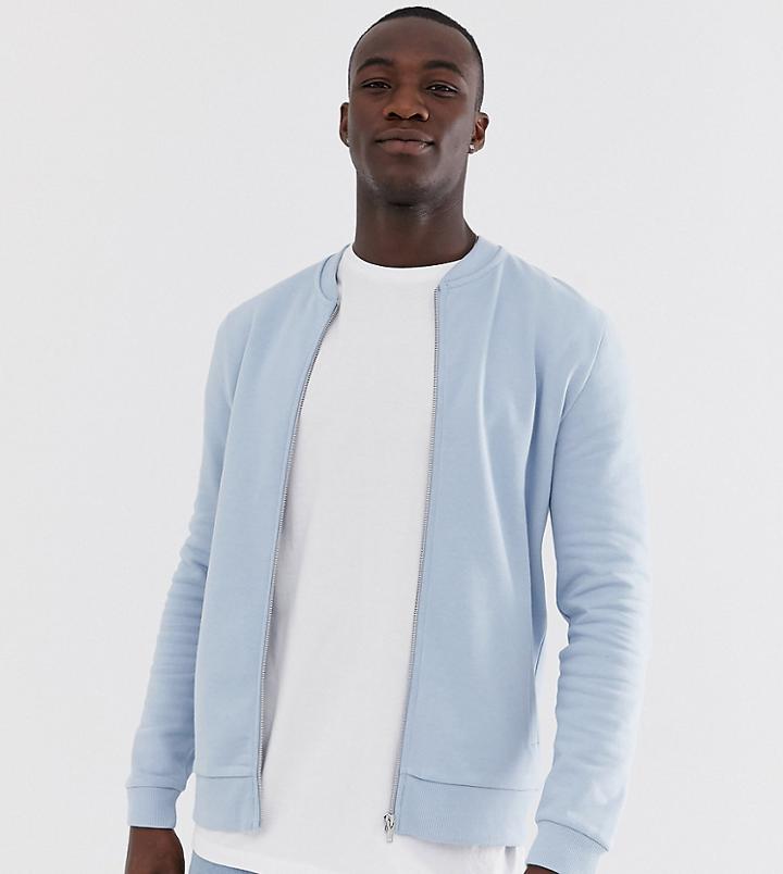 Asos Design Tall Jersey Bomber Jacket In Light Blue