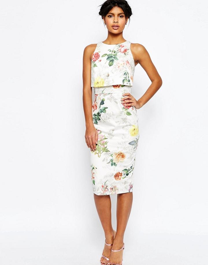 Asos Crop Top Midi Pencil Dress In Botanical Floral - Multi
