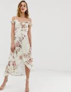 Hope & Ivy Ruffle Cold Shoulder High Low Midi Dress In Cream Floral - Multi