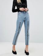 Monki Zip Front Straight Leg Jeans - Blue