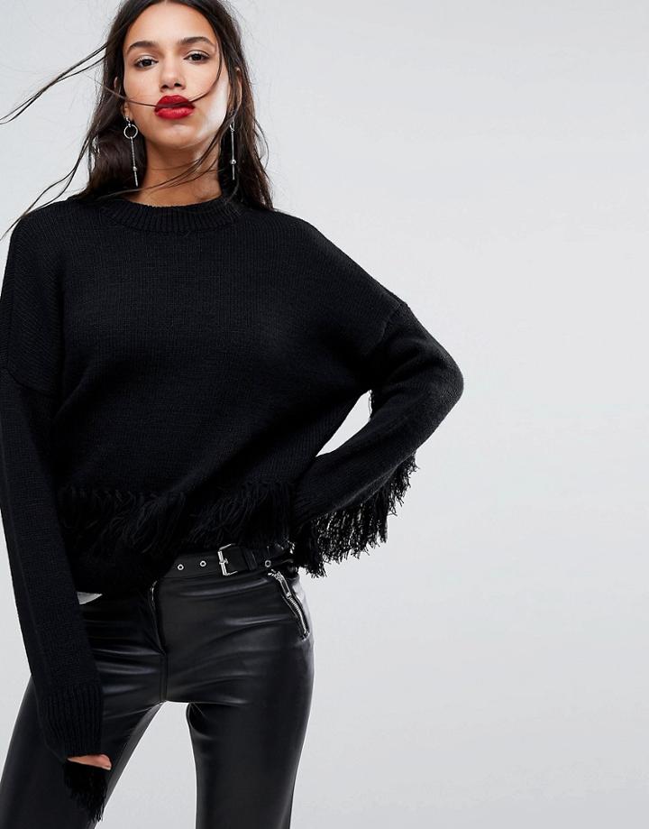 Y.a.s Fringe Knit Sweater - Black