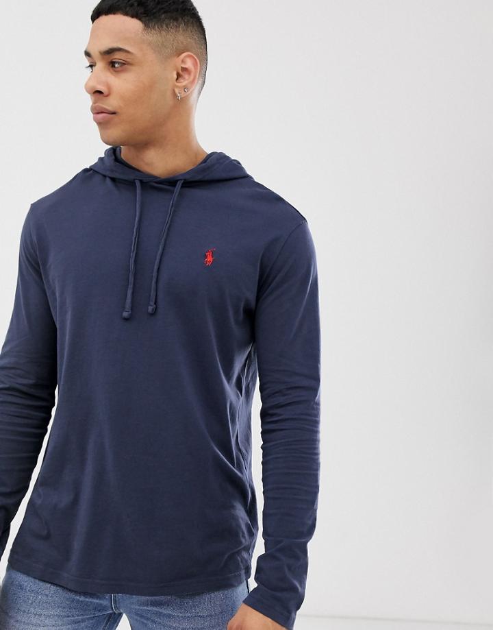 Polo Ralph Lauren Player Logo Hooded Long Sleeve T-shirt In Navy