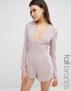 Missguided Tall Plunge Wrap Front Playsuit - Mushroom