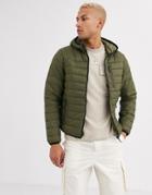Bershka Hooded Puffer Jacket In Khaki