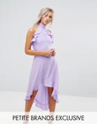 John Zack Petite Wrap Ruffle Detail High Neck Midi Dress - Purple