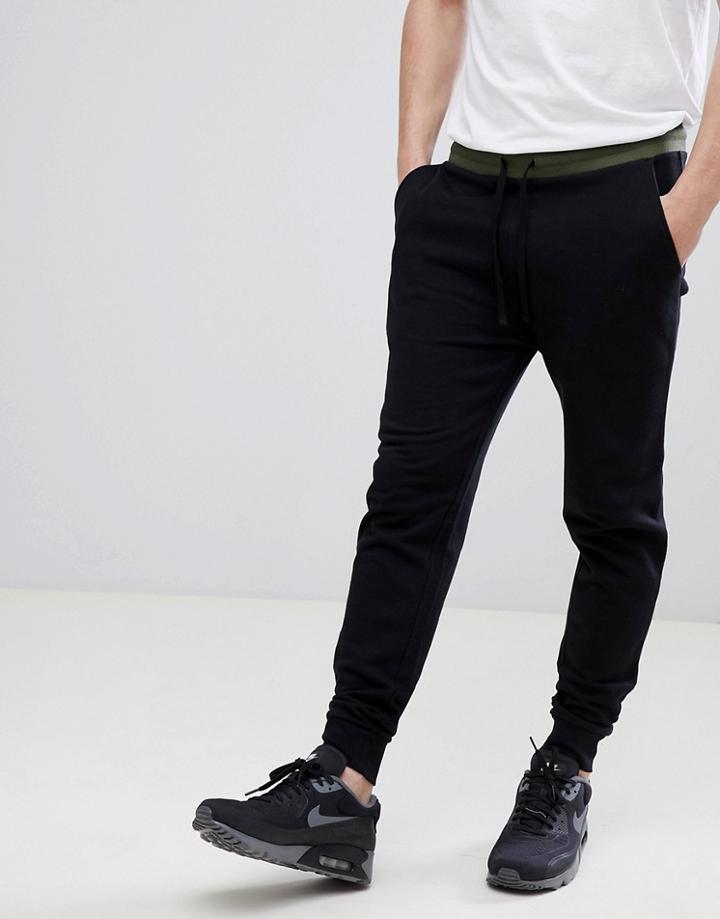Asos Skinny Joggers With Contrast Wasitband In Khaki - Green