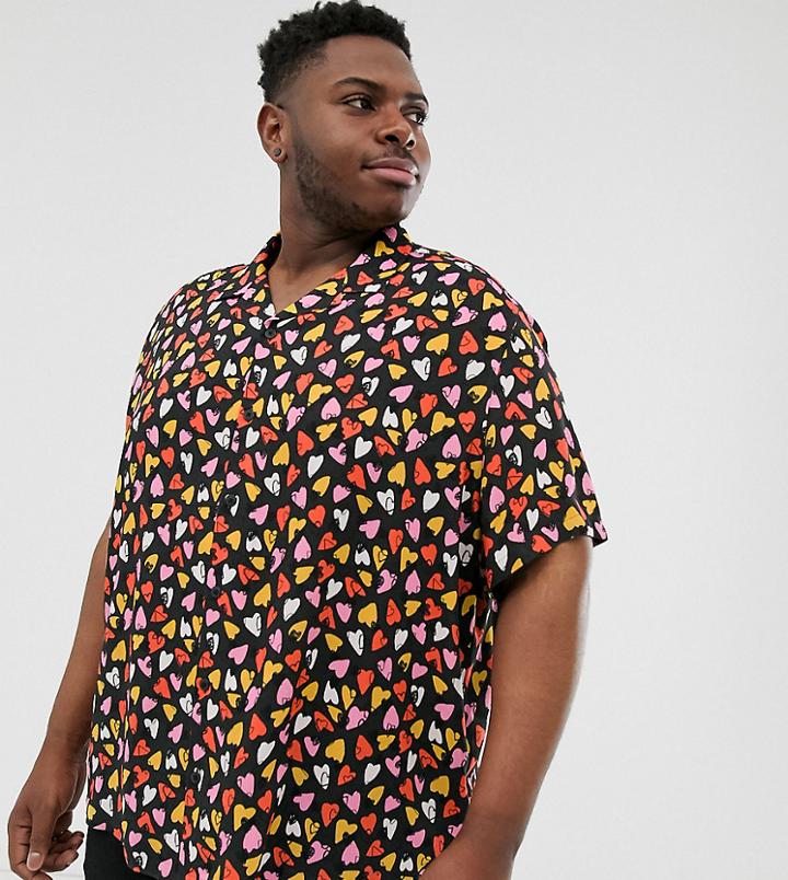 Asos Design Plus Viscose Relaxed Fit Shirt In Heart Doodle Print-black