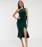 Asos Design Tall Velvet One Shoulder Tuck Detail Midi Dress-green