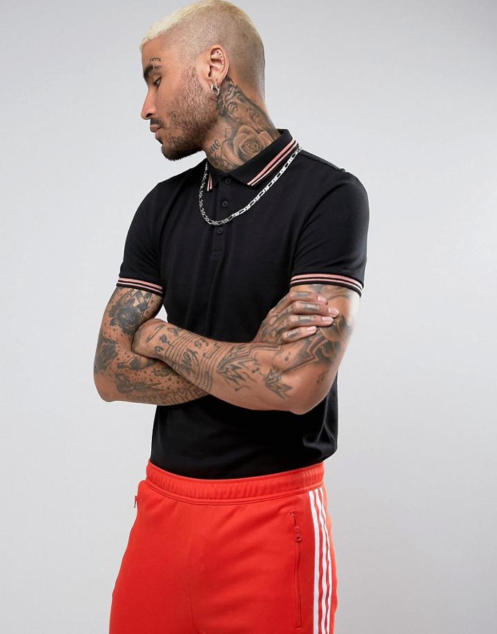 Asos Tipping Collar And Cuff Pique Polo Shirt - Black