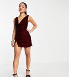 Asos Design Petite Cowl Front Velvet Mini Dress With Lace Up Back-red