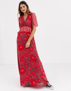 Twisted Wunder Vivid Floral Maxi Dress With Contrast Hem And Shoulder Detail-multi