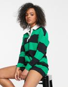 Asos Design Long Sleeve Collared Shirt Mini Dress In Black And Green Stripe