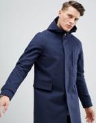 Asos Hooded Trench Coat With Shower Resistance In Navy - Navy
