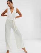 Loungeable Tie Front Wide Leg Jumpsuit In Cream