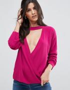 Asos Sweater With Cross Front And Choker Detail - Pink