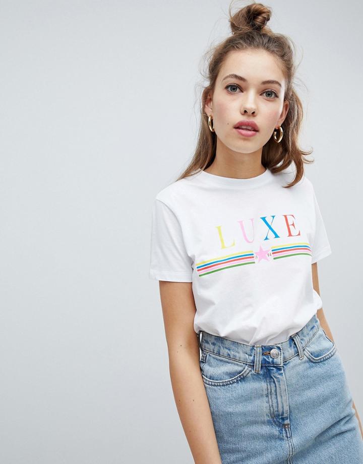 Asos Design T-shirt With Rainbow Luxe Print - White