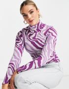 Asos Design High Neck Sweater In Swirl Pattern In Purple