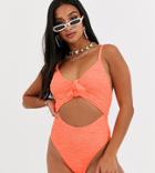 Asos Design Petite Tie Front Textured Swimsuit In Sorbet Coral-orange