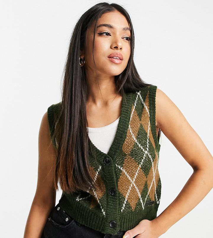 Noisy May Petite Knitted Vest In Brown Argyle Print-multi