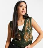 Noisy May Petite Knitted Vest In Brown Argyle Print-multi