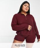 Brave Soul Plus Waffle Short Lounge Set With Funnel Neck In Burgundy-red