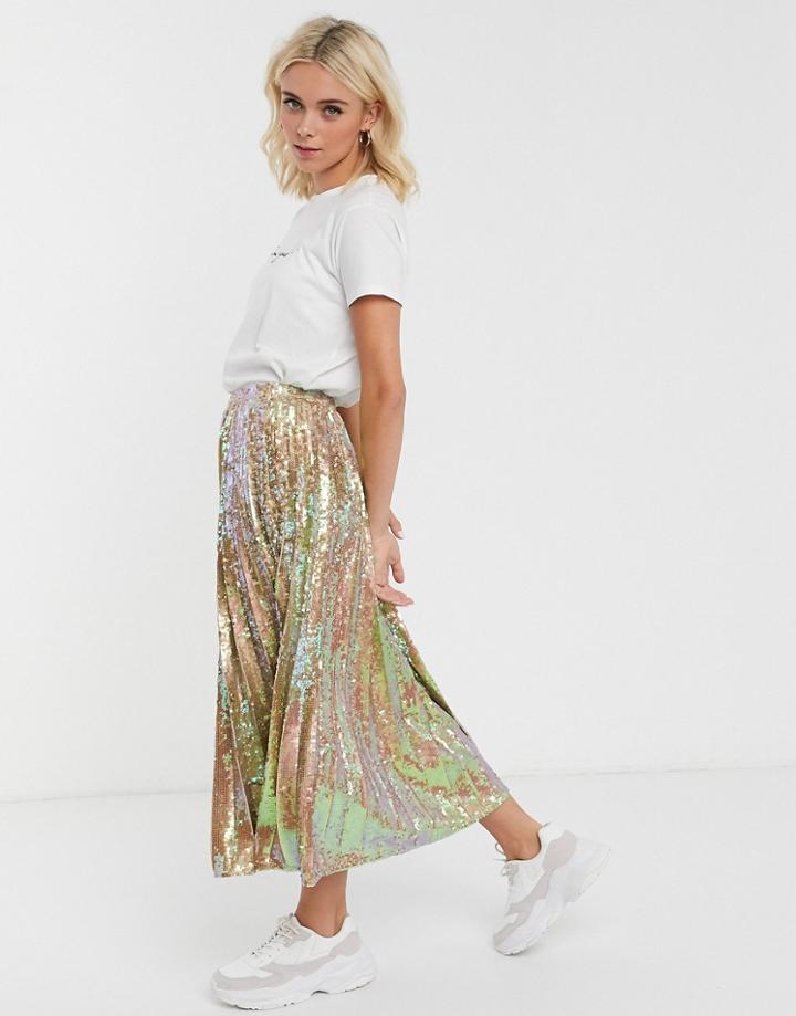 Asos Design Sequin Pleated Midi Skirt-gold