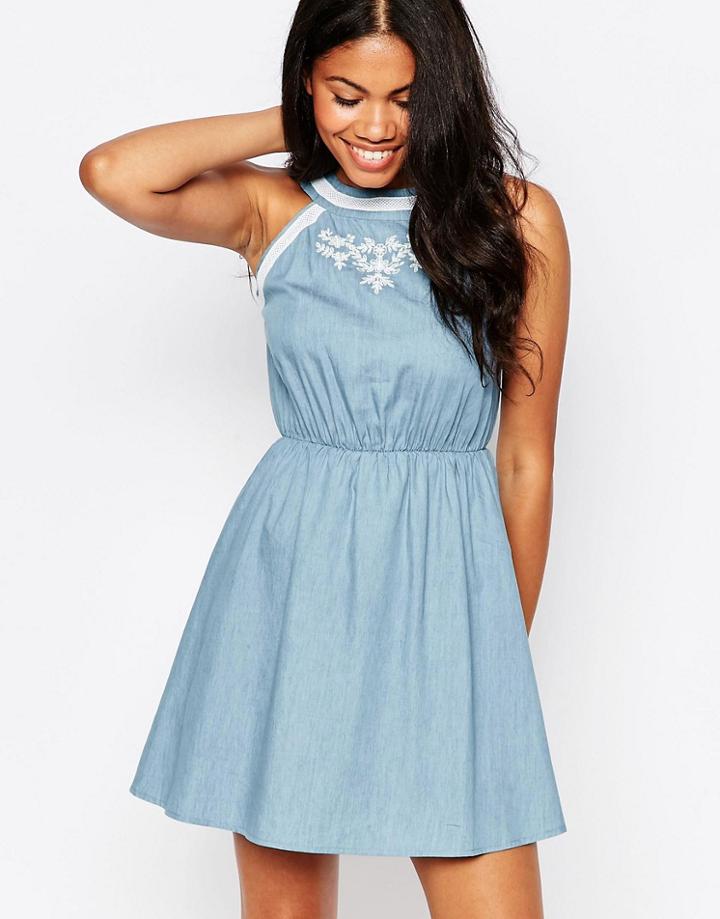 Influence Embroidery Chambray Dress With Cut Out Back - Denim