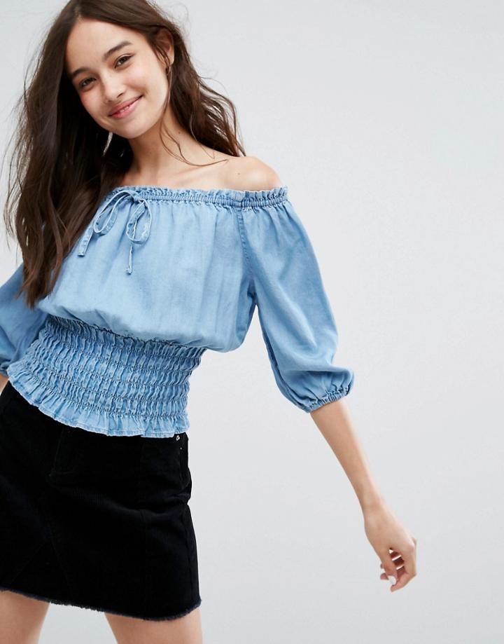 New Look Shirred Waist Denim Bardot Top - Blue